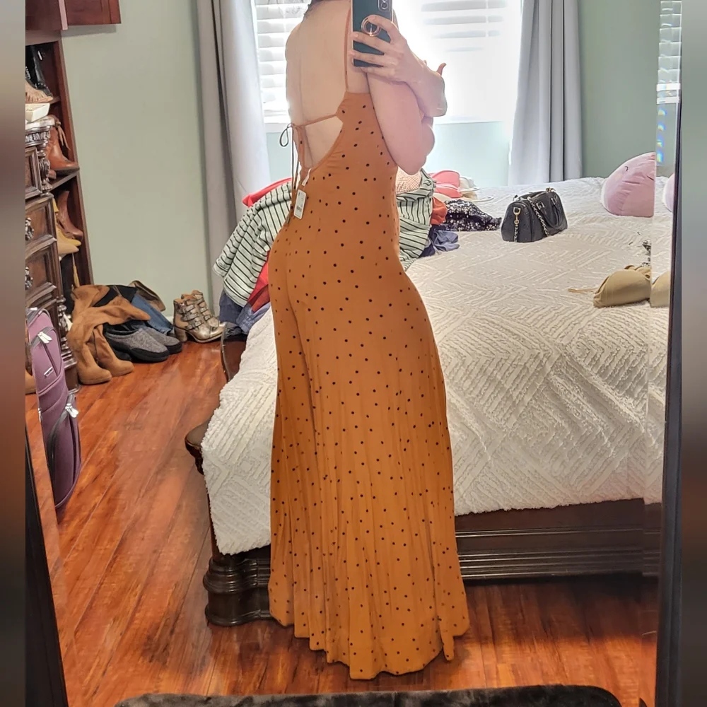 Free People Jamboree Jumpsuit Rust Combo Polka Dot Strappy Wide Leg xsmall - Picture 11 of 16
